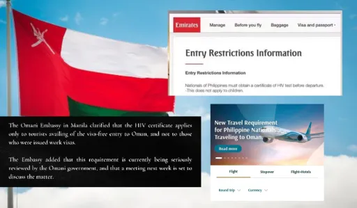 image for article DFA Seeks Talks With Oman Over HIV Test Requirement for Filipino Travellers